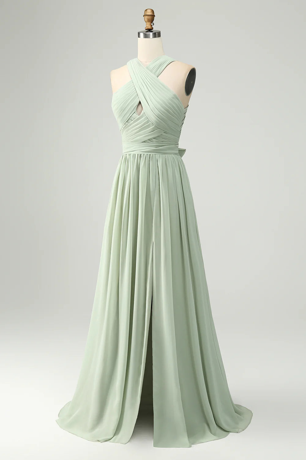 A Line Halter Pleated Long Maternity Bridesmaid Dress with Slit