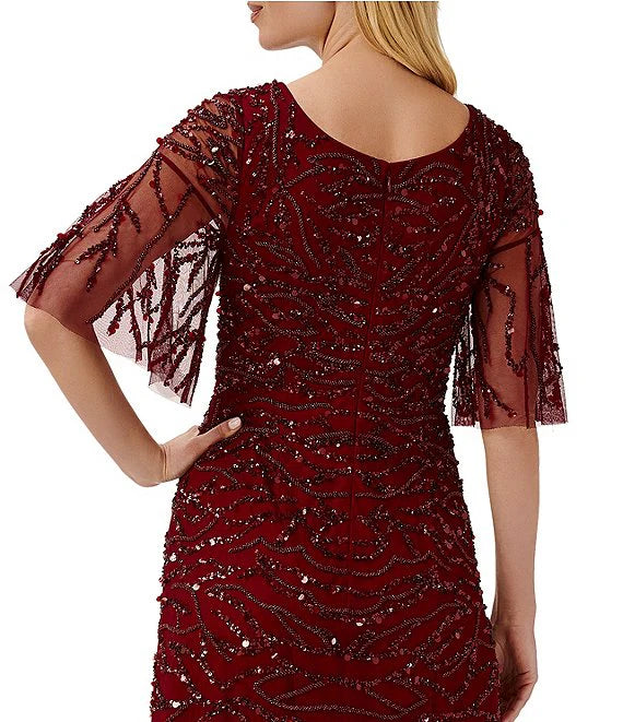 Scoop Neck Short Sleeves Back Zipper Long Beaded Mother of the Bride Dresses