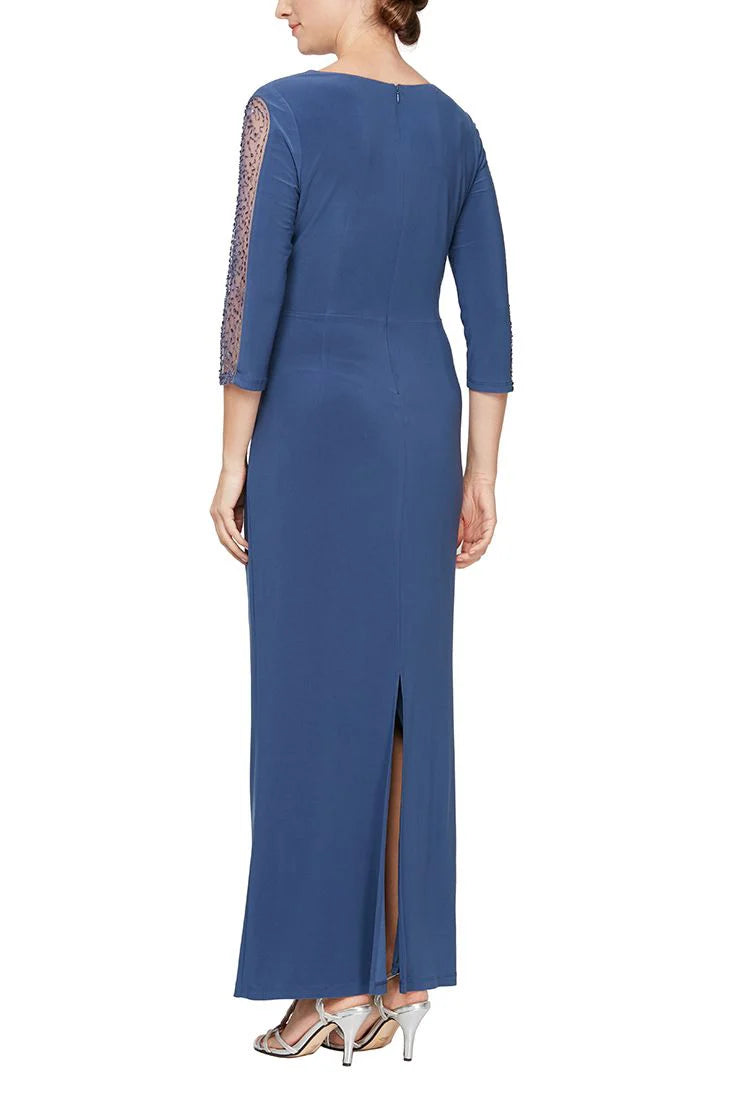 V-Neck Surplice Front Back Zipper 3/4 Sleeves With Beaded Panel Long Mother of the Bride Dresses 