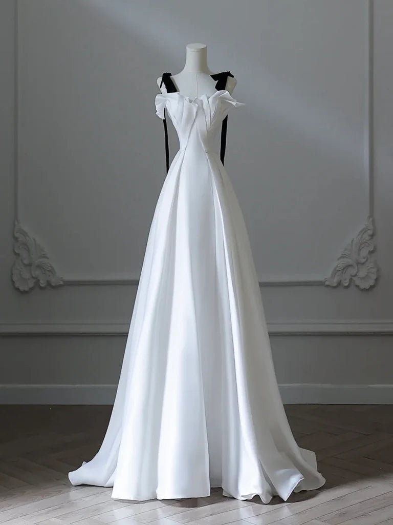 A-Line Satin White Long Evening Dress White Long Formal Dress