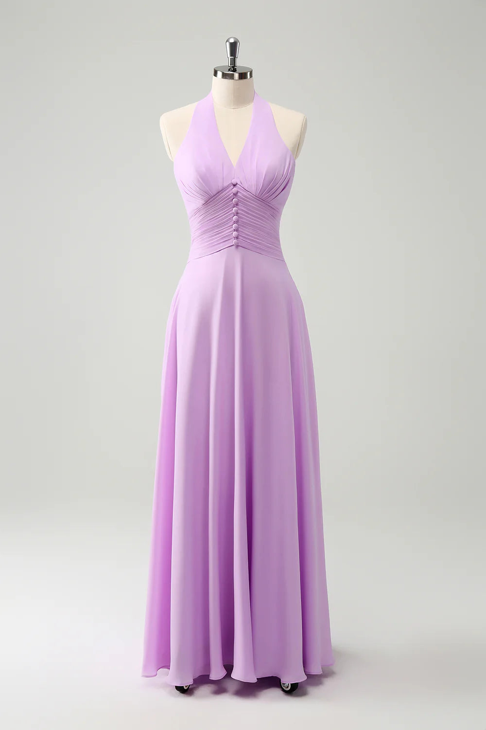A Line Halter Backless Pleated Chiffon Long Bridesmaid Dress With Buckle