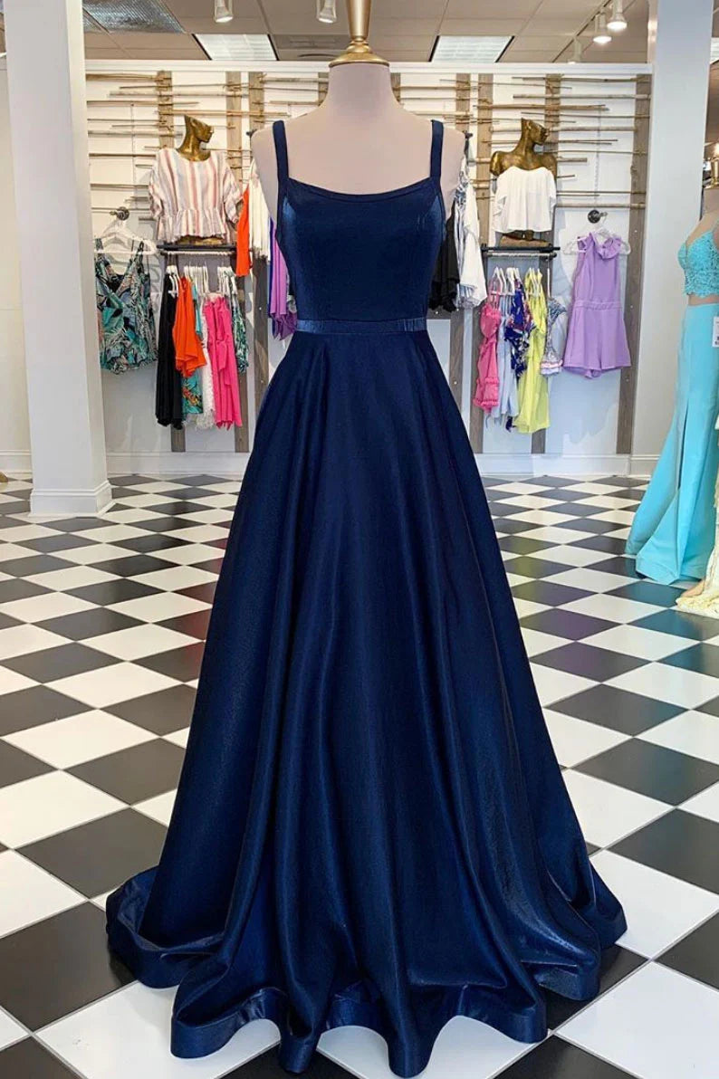 Dark blue long prom dress simple blue prom dress