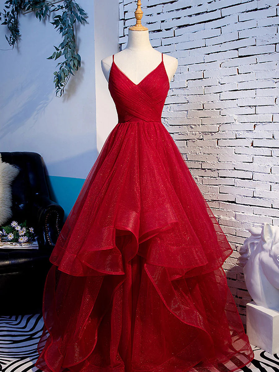 A-line Red Ruffle Edge Italian Noodle Strap V-neck Ball Dress Backless Long Style