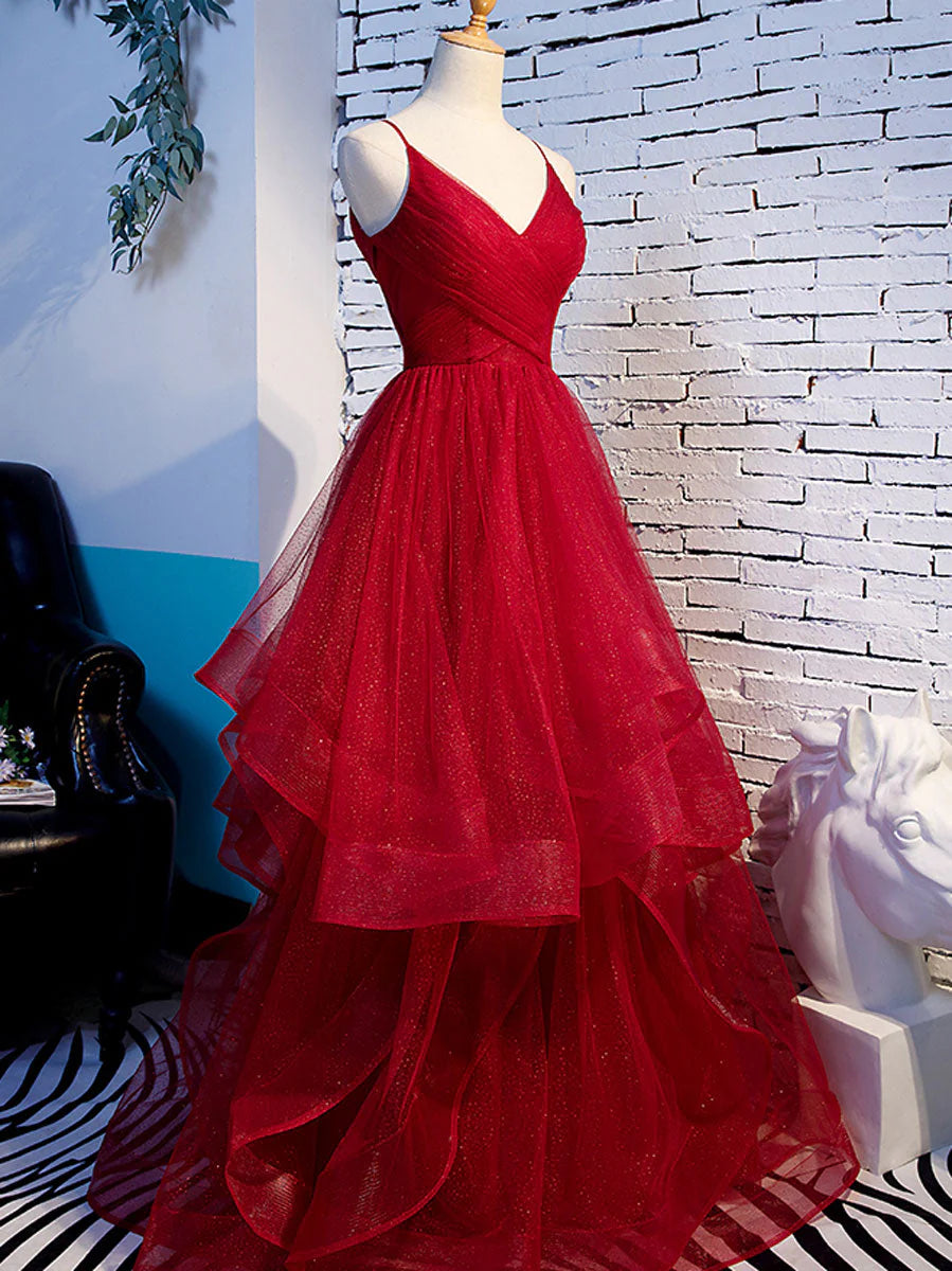 A-line Red Ruffle Edge Italian Noodle Strap V-neck Ball Dress Backless Long Style