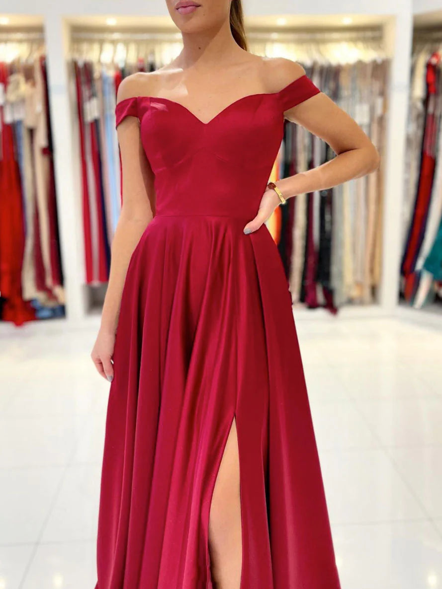 Simple Sweetheart Satin Long Prom Dress Burgundy Evening Dress