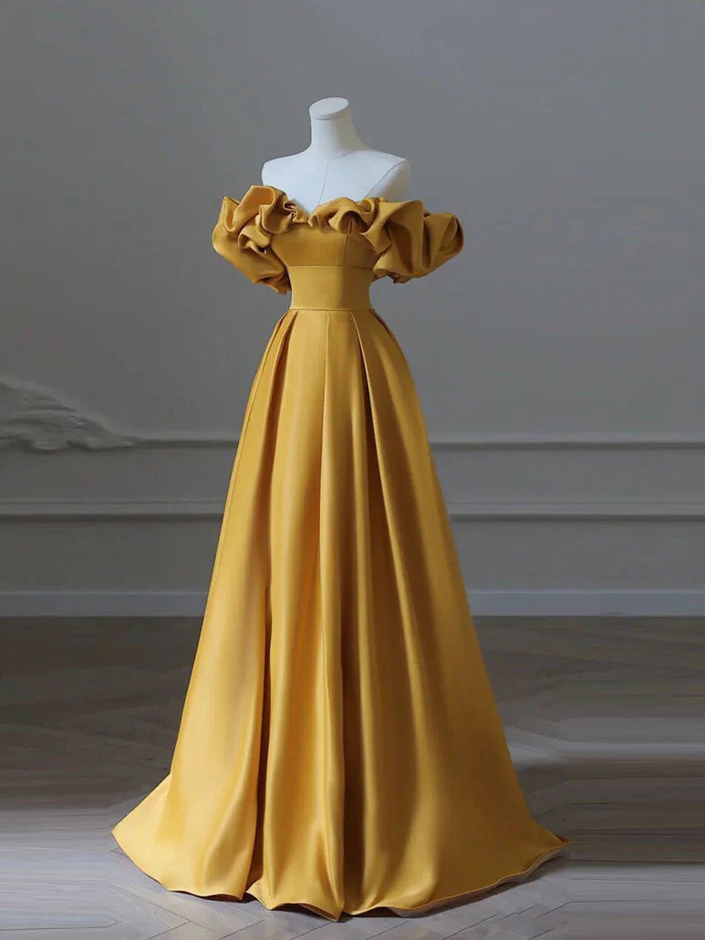 Yellow A-Line Satin Long Prom Dresses Yellow Long Evening Dress