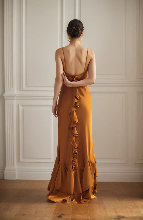 Vintage Deep V Neck Low Back Pencil Skirt Ruffled Silky Satin Evening Dress