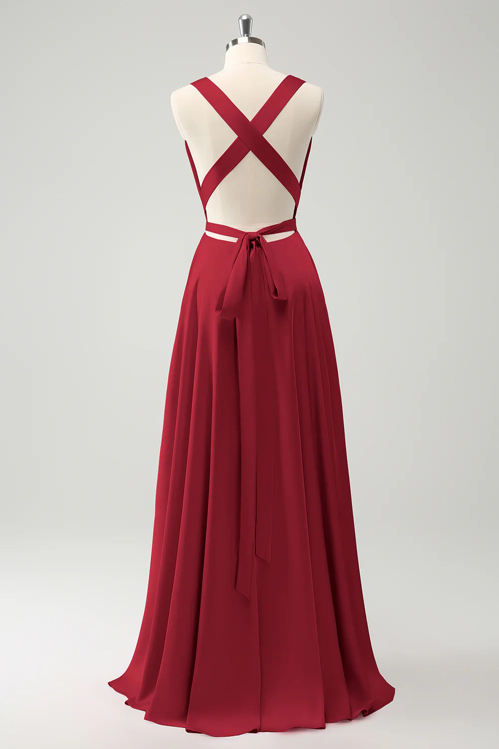 A Line Deep V Neck Backless Long Bridesmaid Dress with Slit