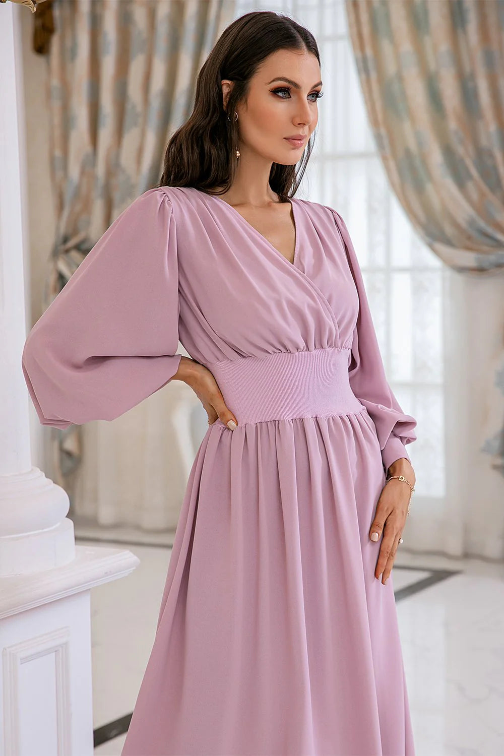 OKBBN Unique Design Long Sleeve V-neck Bridal Mother Dress