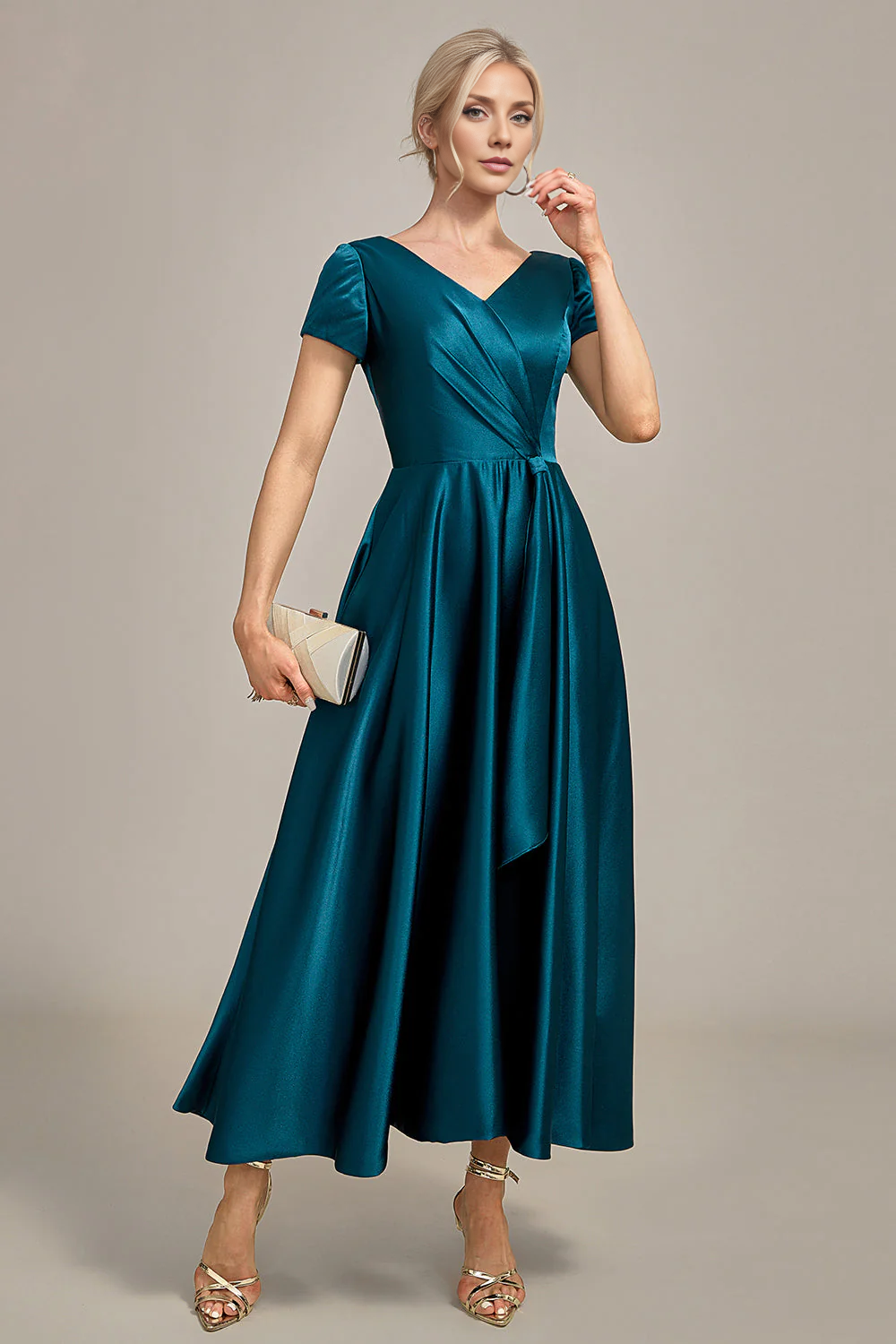 OKBBN satin V-neck A-line pleated bridal mother gown