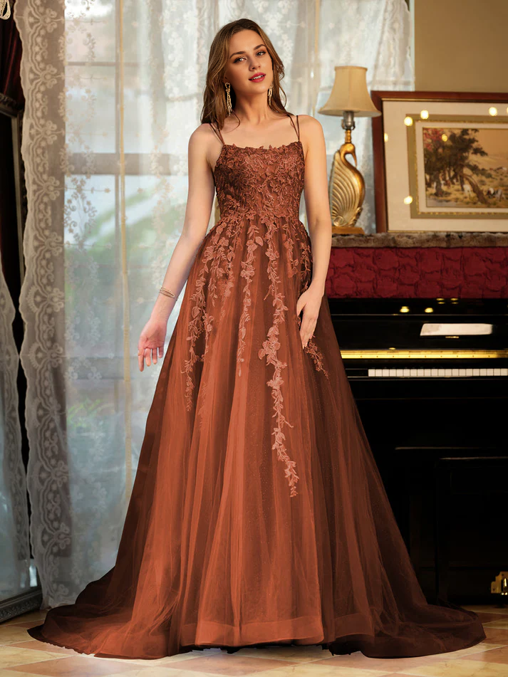 OKBBN A-line princess chiffon thin shoulder strap decal long evening gown