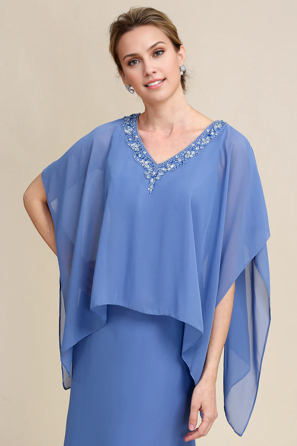 OKBBN dignified bat sleeve sparkling bead bride mother dress