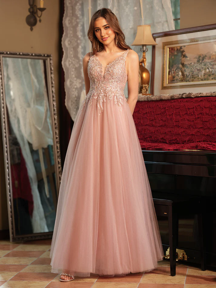 OKBBN A-line princess V-neck chiffon slit side decal long evening gown