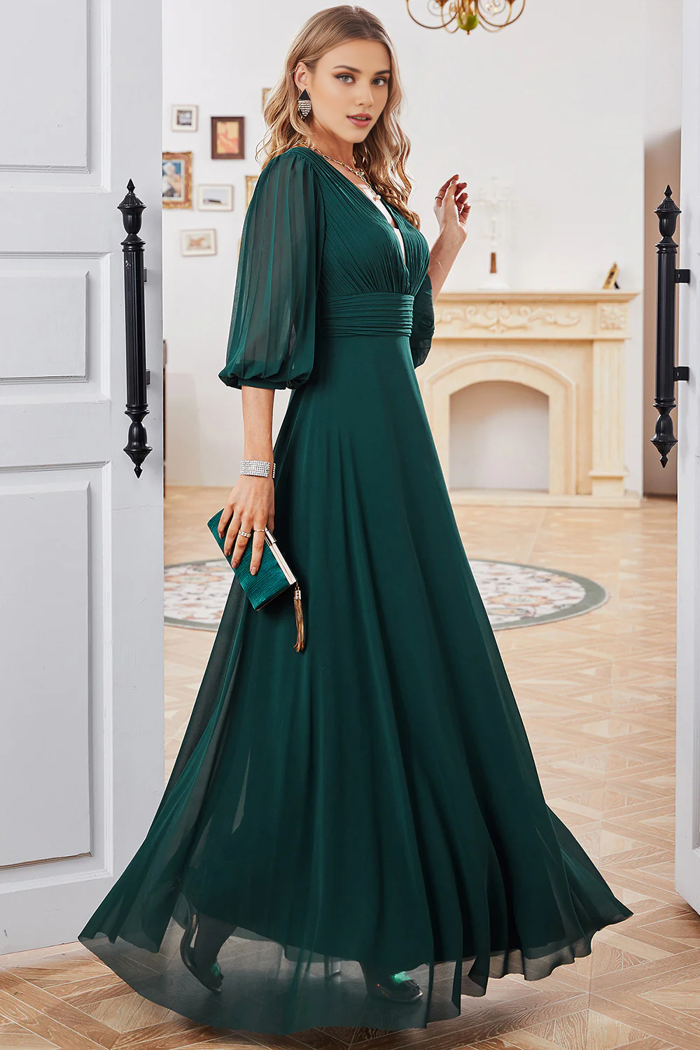 OKBBN A-line V-neck Chiffon Half Sleeve Bridal Mother Dress