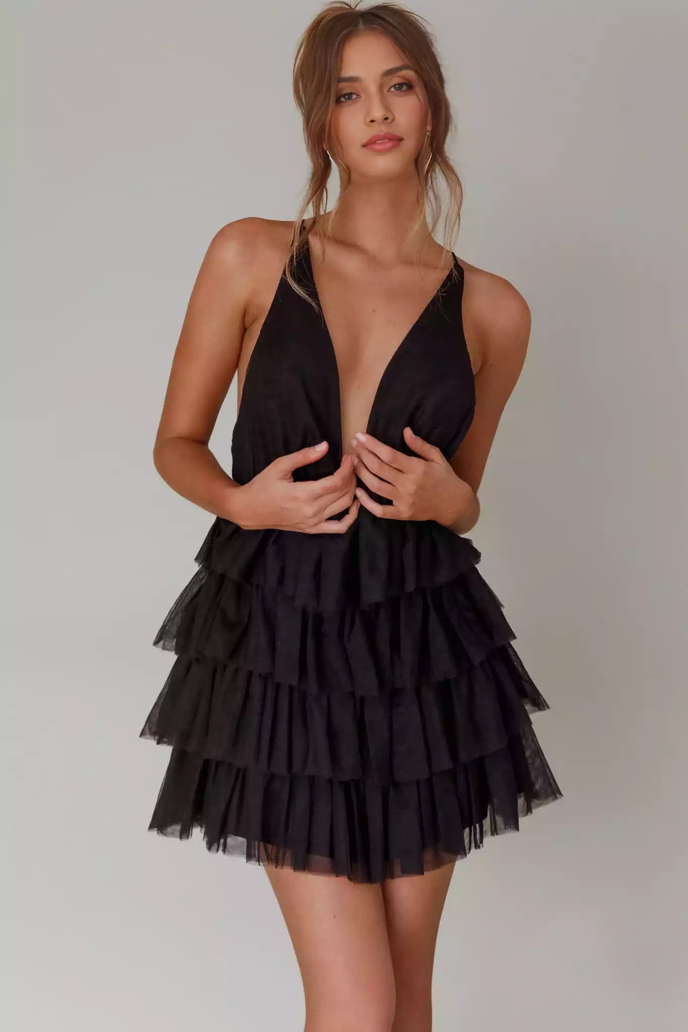 Exquisite mini lining, deep V-neck, layered ruffle edges, cross straps, back zipper, Homecoming Dresses