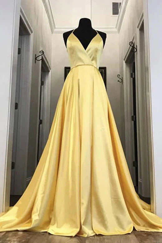 Simple yellow satin long prom dress yellow prom dress