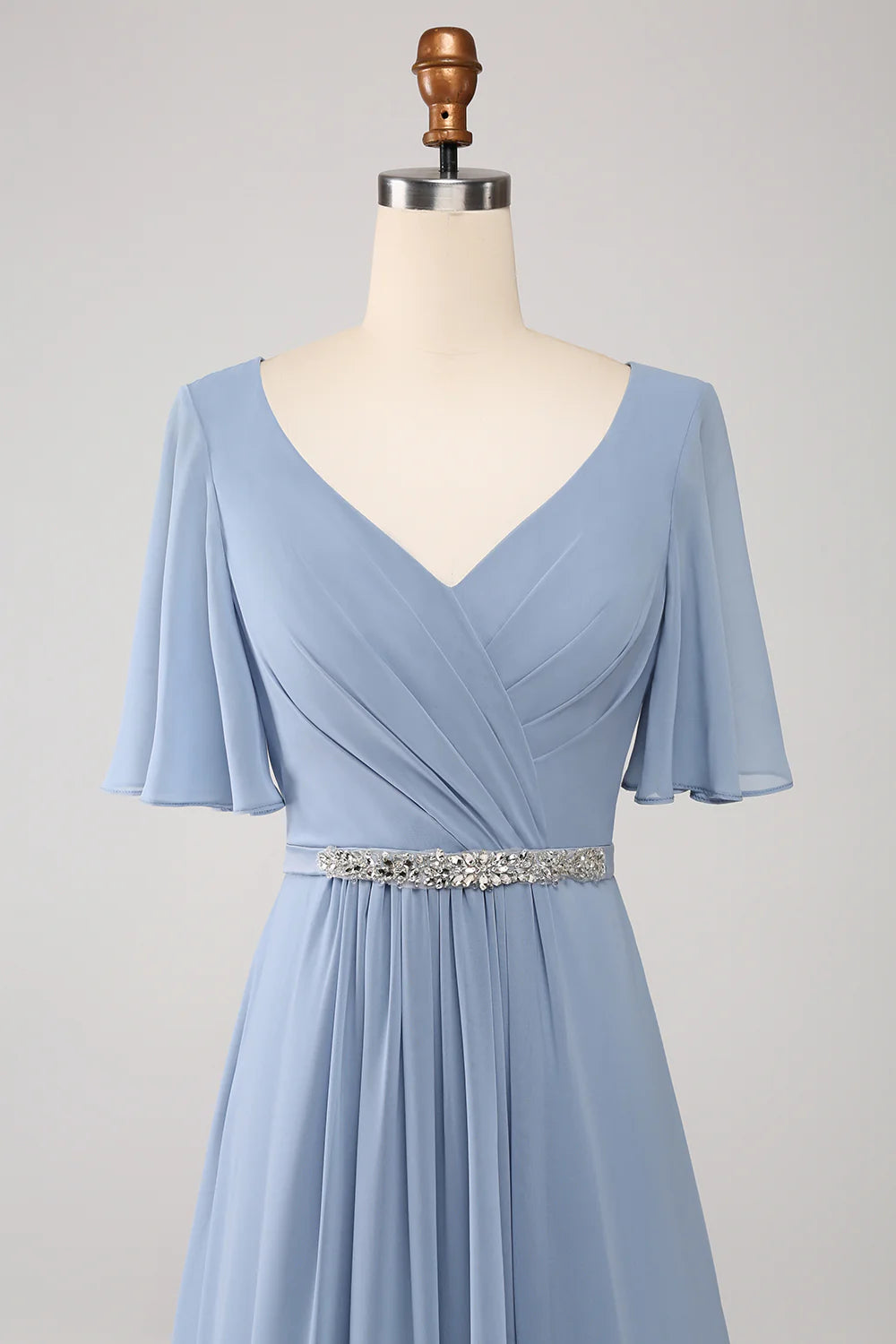 A Line V Neck Chiffon Floor Length Dusty Blue Bridesmaid Dress