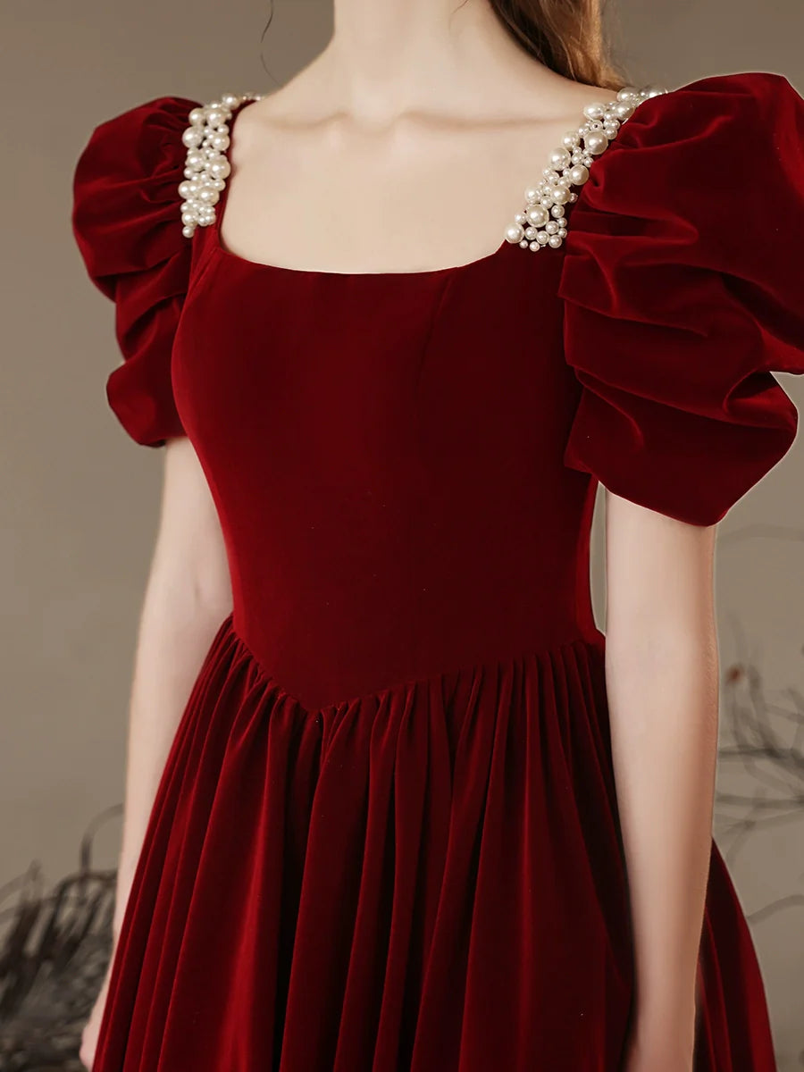 A- Line Velvet Burgundy Long Evening Dress Burgundy Long Formal Dress