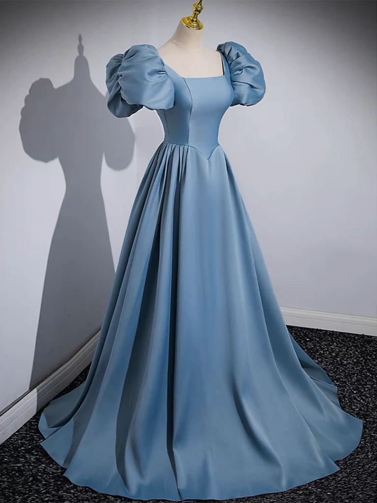 A-Line Satin Blue Long Evening Dress Blue Satin Long Evening Dress