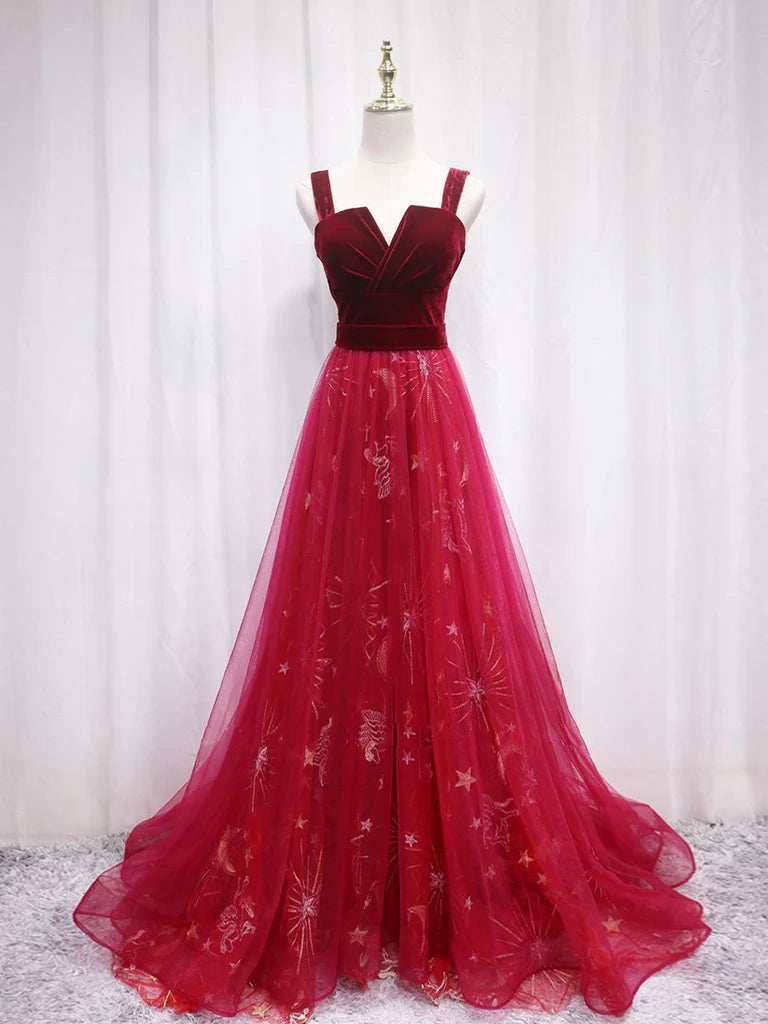 A-Line Burgundy Tulle Lace Long Evening Dress Burgundy Long Evening Dress