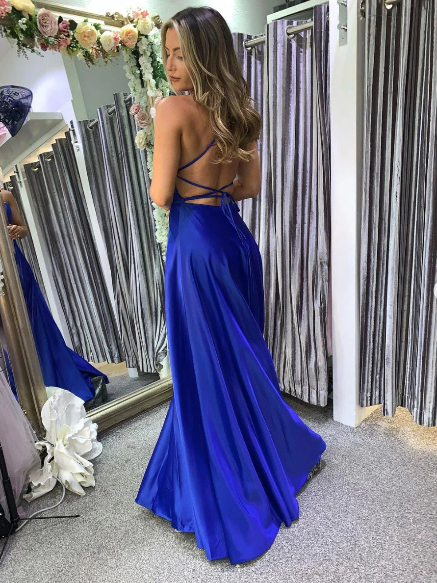 Simple blue satin long prom dress blue satin prom dress