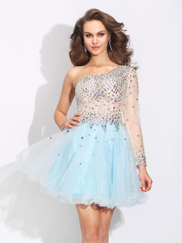 A-line Princess Style One Shoulder Long Sleeve Short Elastic Woven Satin Dress
