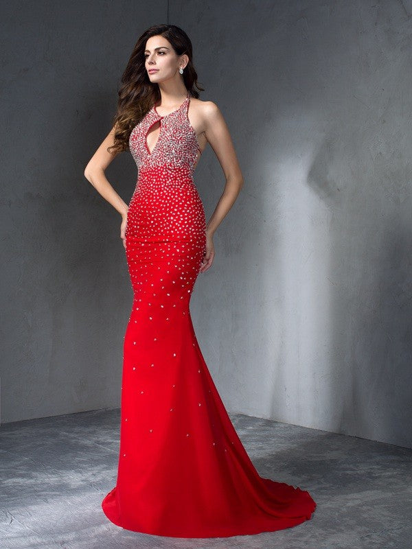 Speaker sexy slim fit mermaid beaded sleeveless long chiffon dress