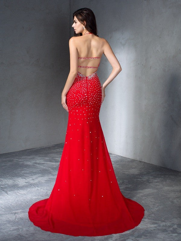 Speaker sexy slim fit mermaid beaded sleeveless long chiffon dress