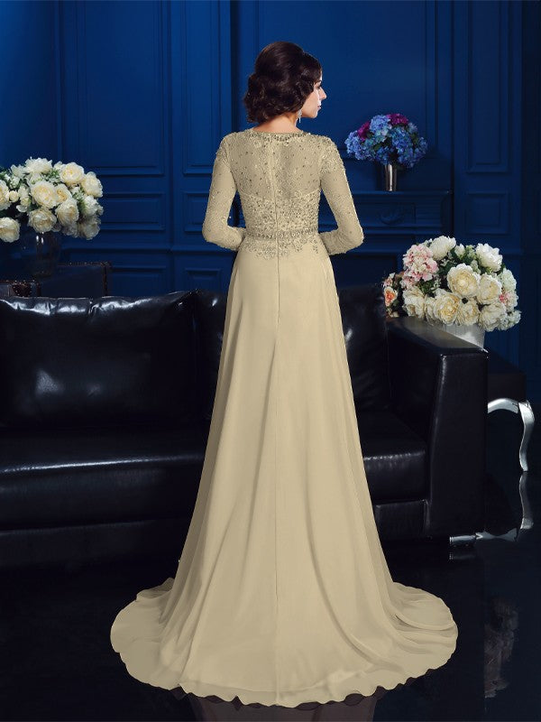 A-line princess style hollowed out long sleeved chiffon bridal mother dress