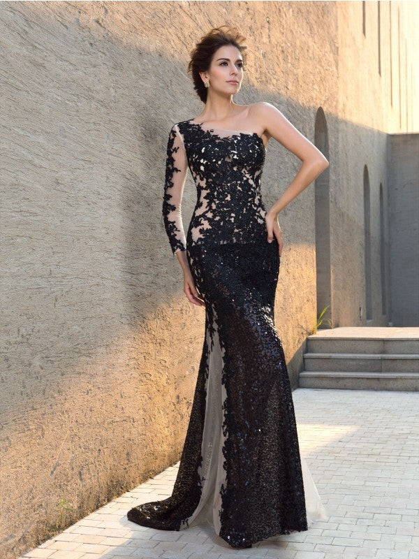 Sweet One Shoulder Sequin Long Sleeve Long Lace Dress