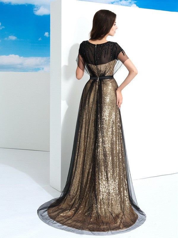 A-line Princess Diagonal Neck Button Short Sleeve Long Mesh Dress