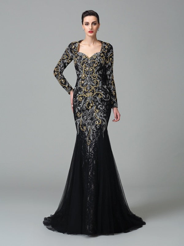 Small slim fit mermaid sweet beaded long sleeved long mesh dress