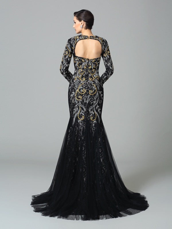 Small slim fit mermaid sweet beaded long sleeved long mesh dress