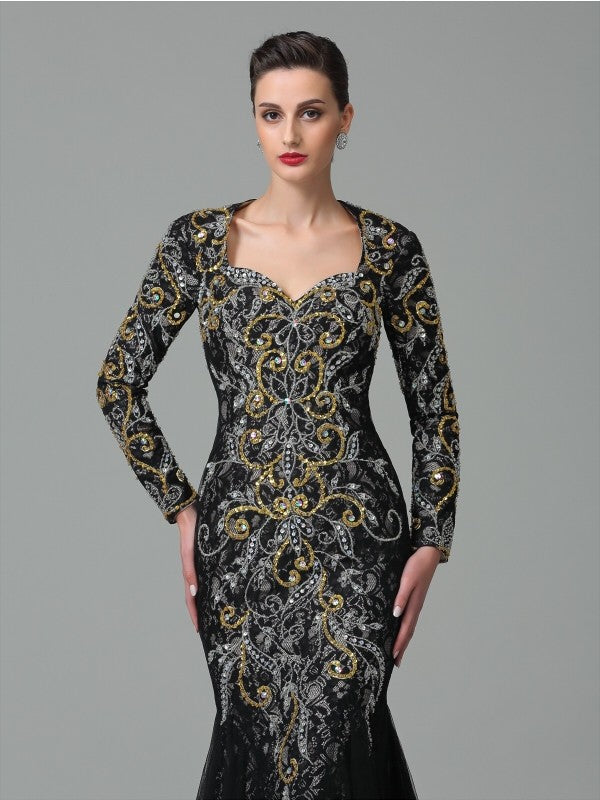 Small slim fit mermaid sweet beaded long sleeved long mesh dress