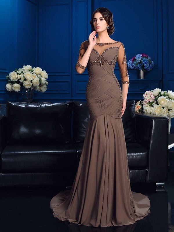 Slim fit cylindrical spoon beaded 3/4 sleeve chiffon long bridal mother dress