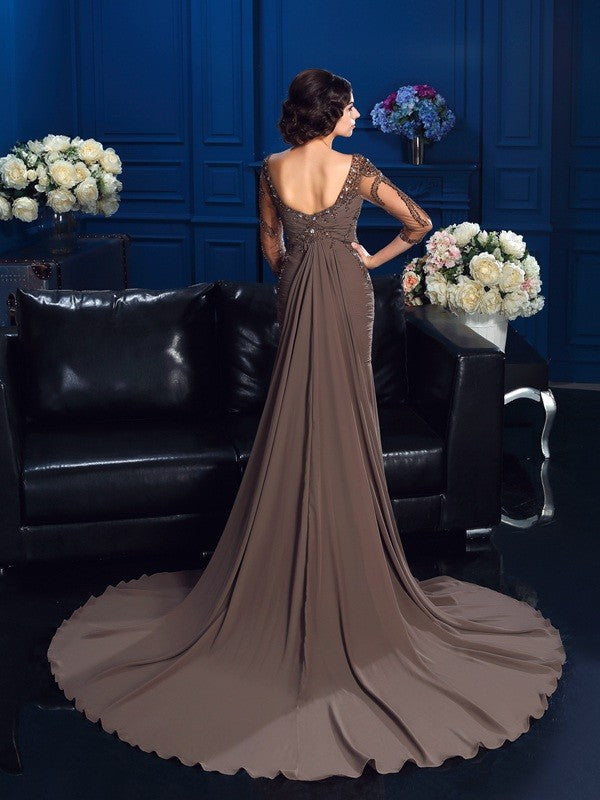 Slim fit cylindrical spoon beaded 3/4 sleeve chiffon long bridal mother dress