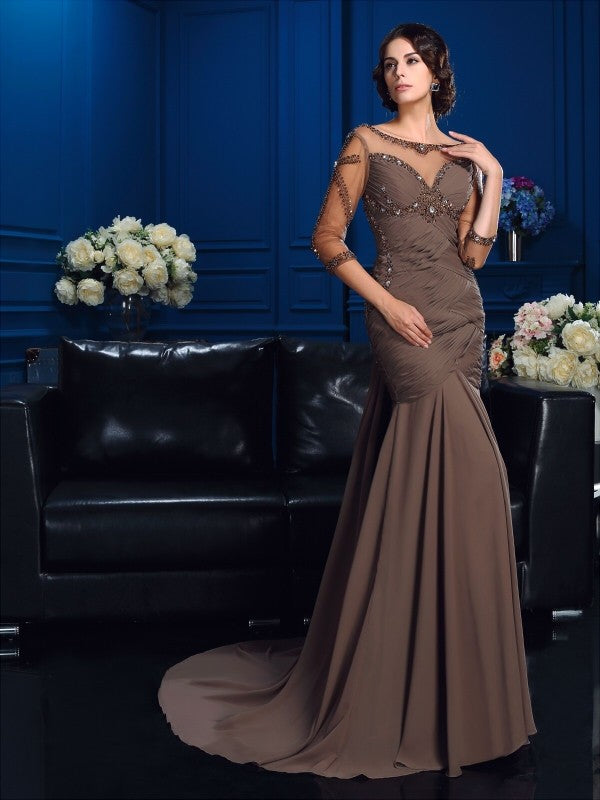 Slim fit cylindrical spoon beaded 3/4 sleeve chiffon long bridal mother dress