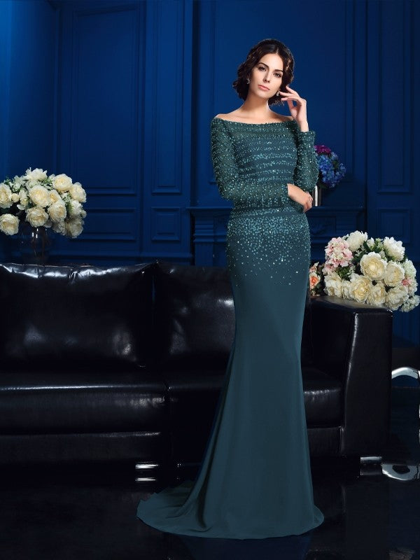 Skirt Off Shoulder Beaded Long sleeved Chiffon Bride Mom Dress