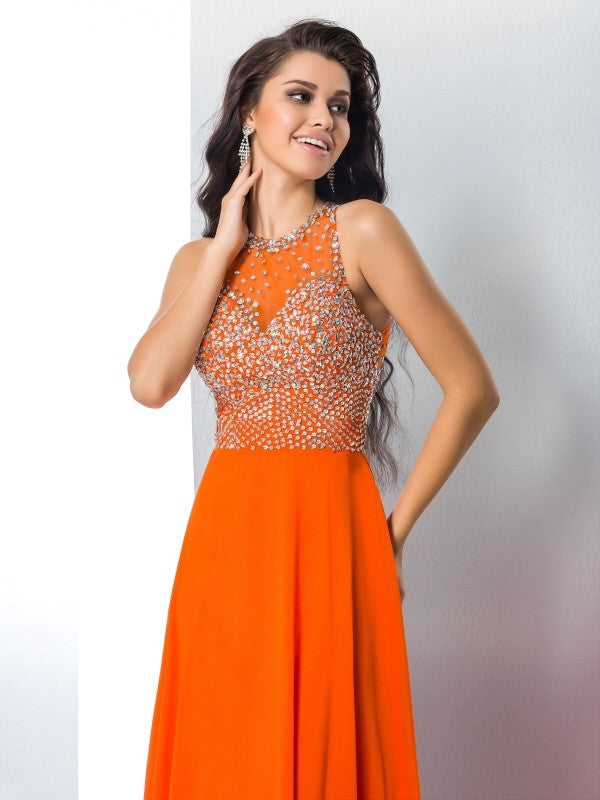 Small slim fit mermaid beaded sleeveless long chiffon dress