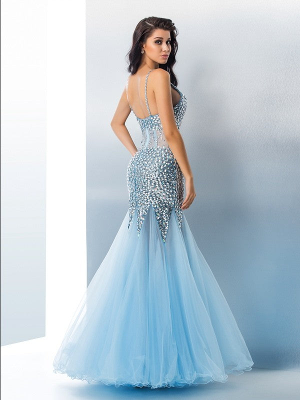 Slim fit mermaid spaghetti strap sequin sleeveless long sheer dress