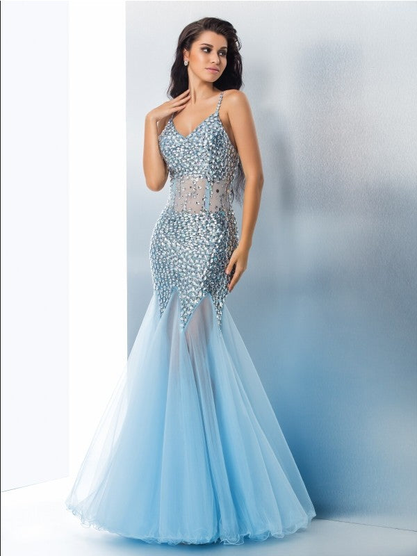 Slim fit mermaid spaghetti strap sequin sleeveless long sheer dress