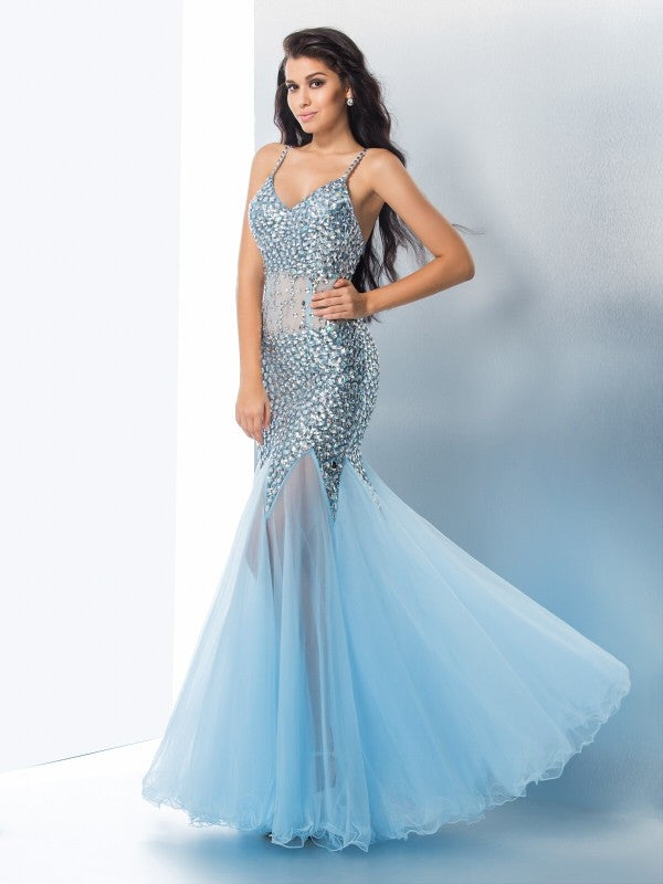Slim fit mermaid spaghetti strap sequin sleeveless long sheer dress