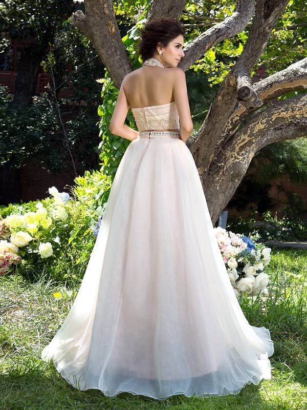 Elegant Princess High Collar Beaded Sleeveless Long Mesh Two Piece Dress