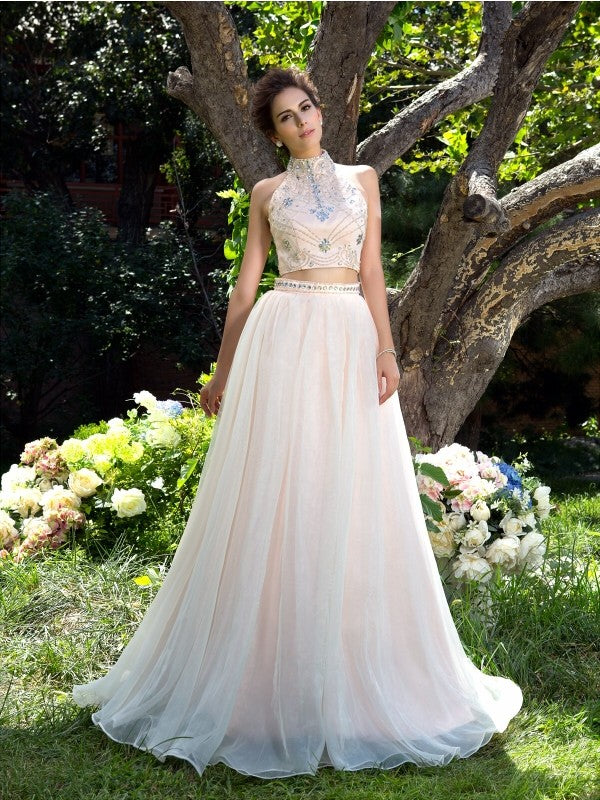 Elegant Princess High Collar Beaded Sleeveless Long Mesh Two Piece Dress