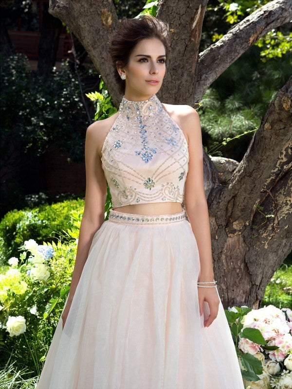 Elegant Princess High Collar Beaded Sleeveless Long Mesh Two Piece Dress