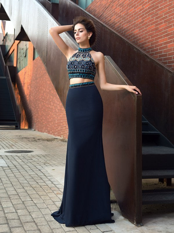 Slim fit cylindrical high neck beaded sleeveless long chiffon two-piece dress
