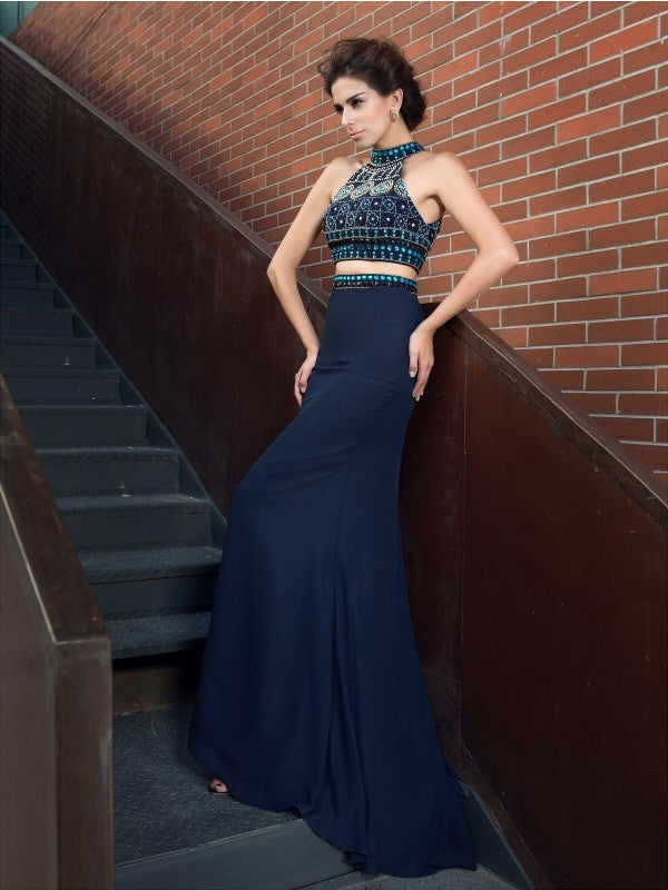 Slim fit cylindrical high neck beaded sleeveless long chiffon two-piece dress