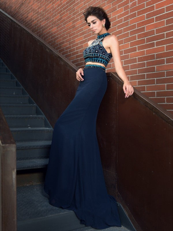 Slim fit cylindrical high neck beaded sleeveless long chiffon two-piece dress