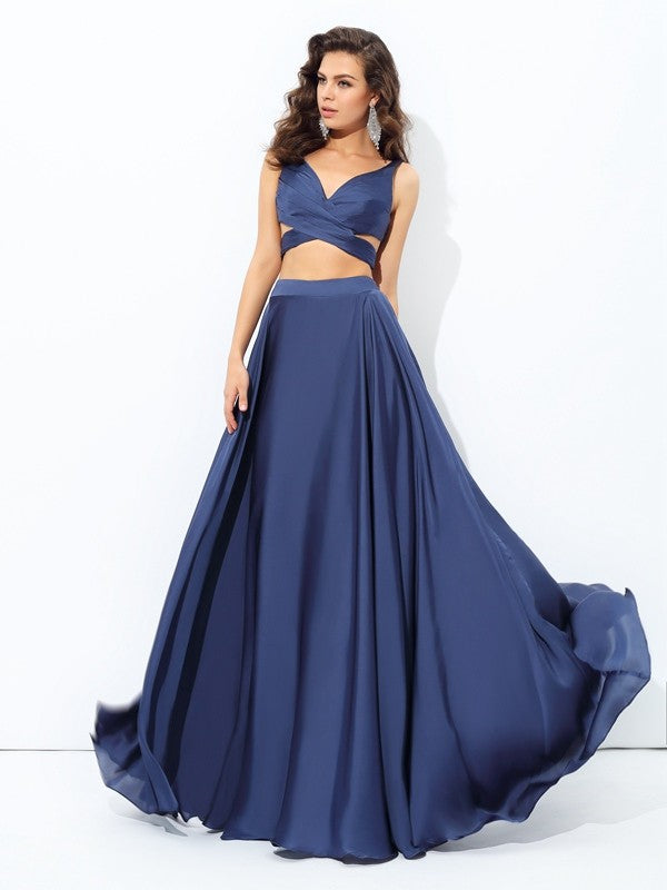 A-line sexy princess strap sleeveless long satin chiffon two-piece dress