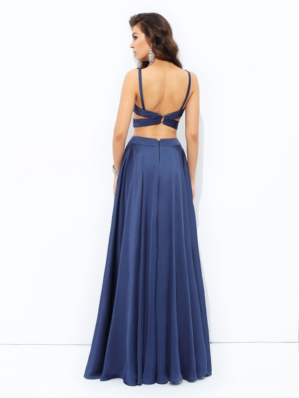 A-line sexy princess strap sleeveless long satin chiffon two-piece dress